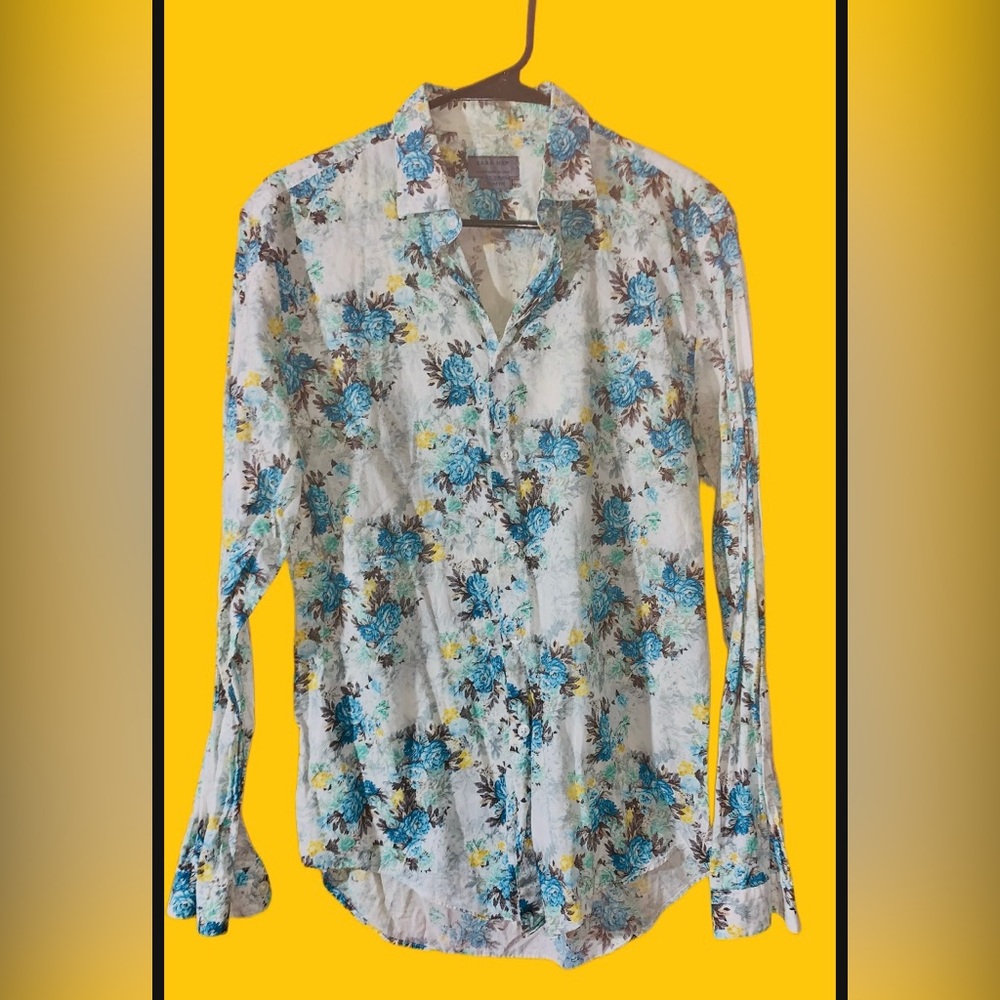 Vintage Men’s Floral Button Down Shirt by Zara Slim Fit Small Vtg S Blue